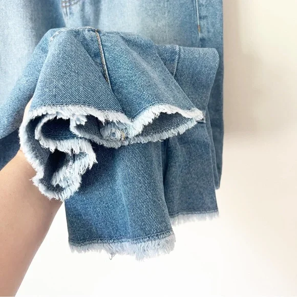 Zara Denim Frill Ruffle Cuff Raw Hem Cropped Jeans Light Wash 2 - Picture 7 of 13